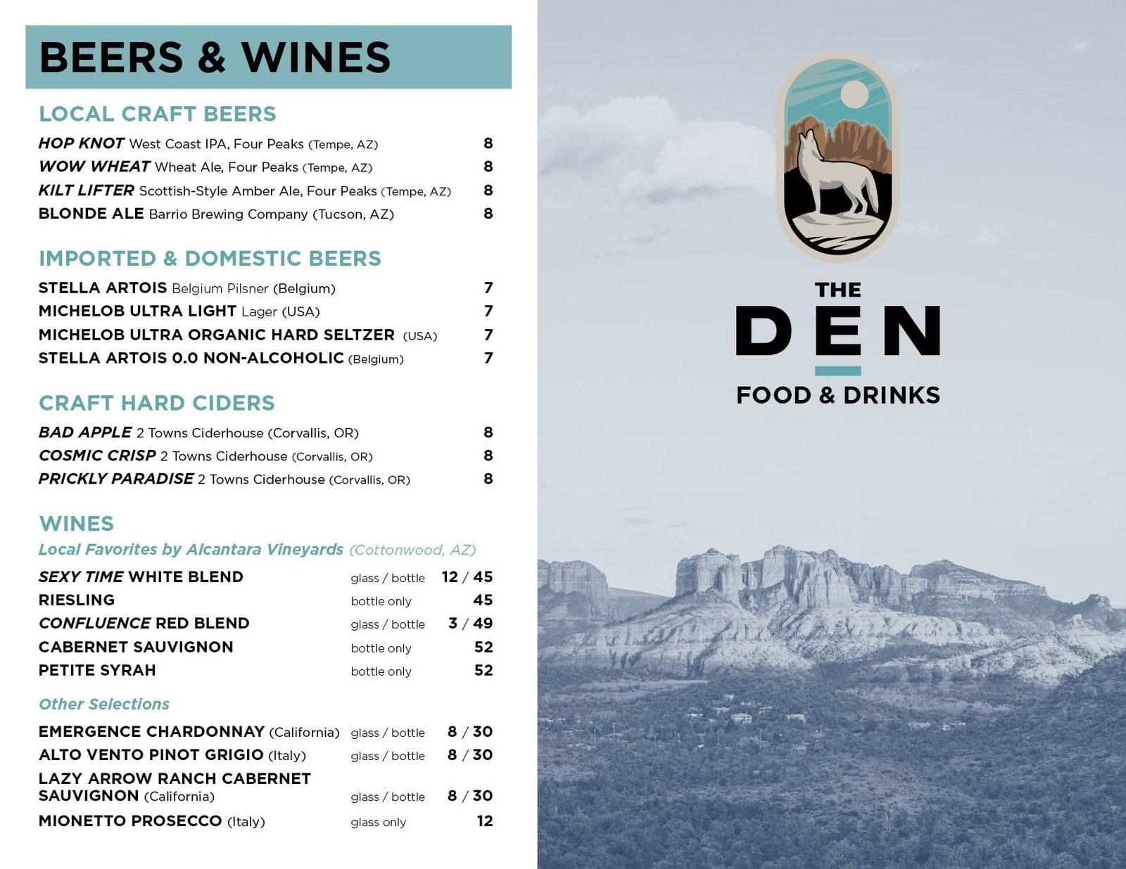 The Den restaurant menu design, Sedona AZ