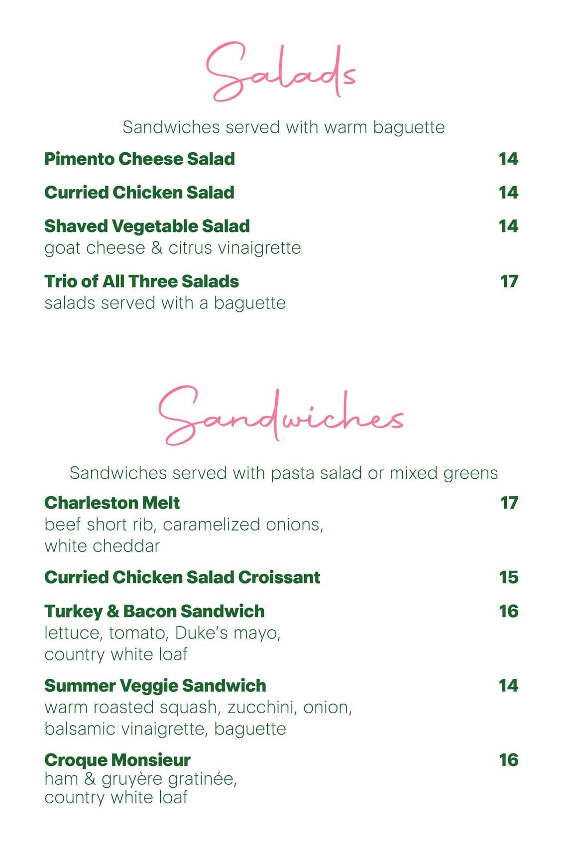 Benne's lunch menuboard listing salads and sandwiches