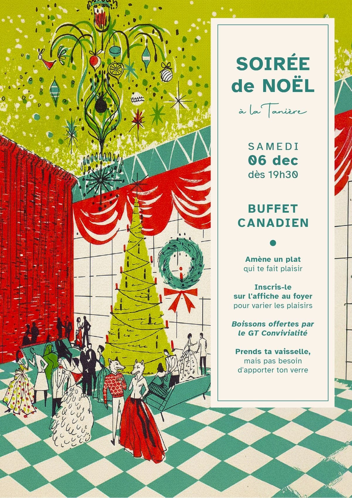 Christmas party poster with an illustrated festive ballroom