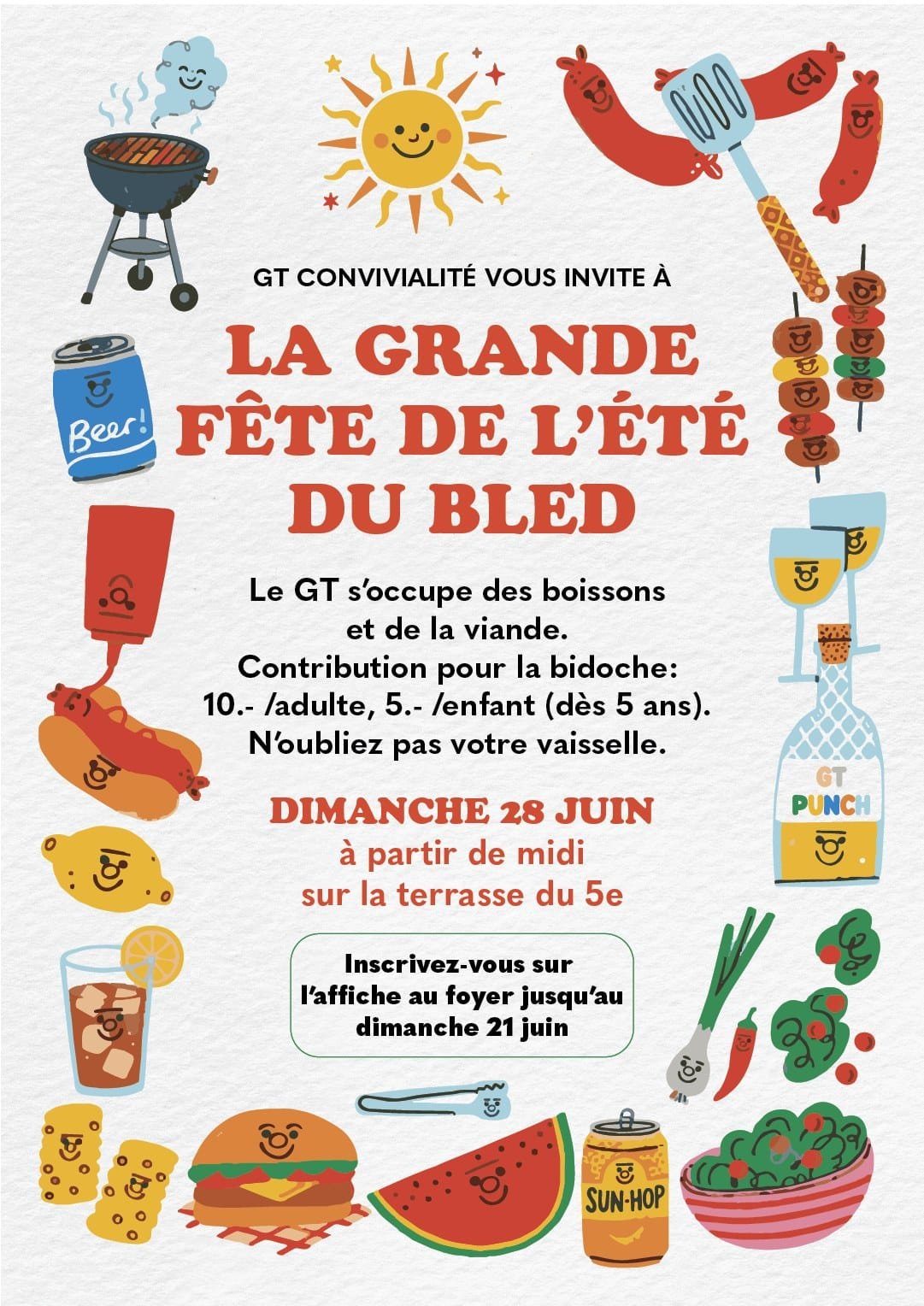 Illustrated summer party poster with smiling grilled food and drinks