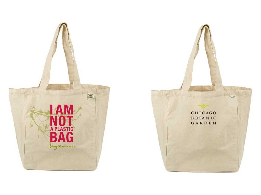 Canvas tote bags, one reading I Am Not a Plastic Bag, the other with the Chicago Botanic Garden name