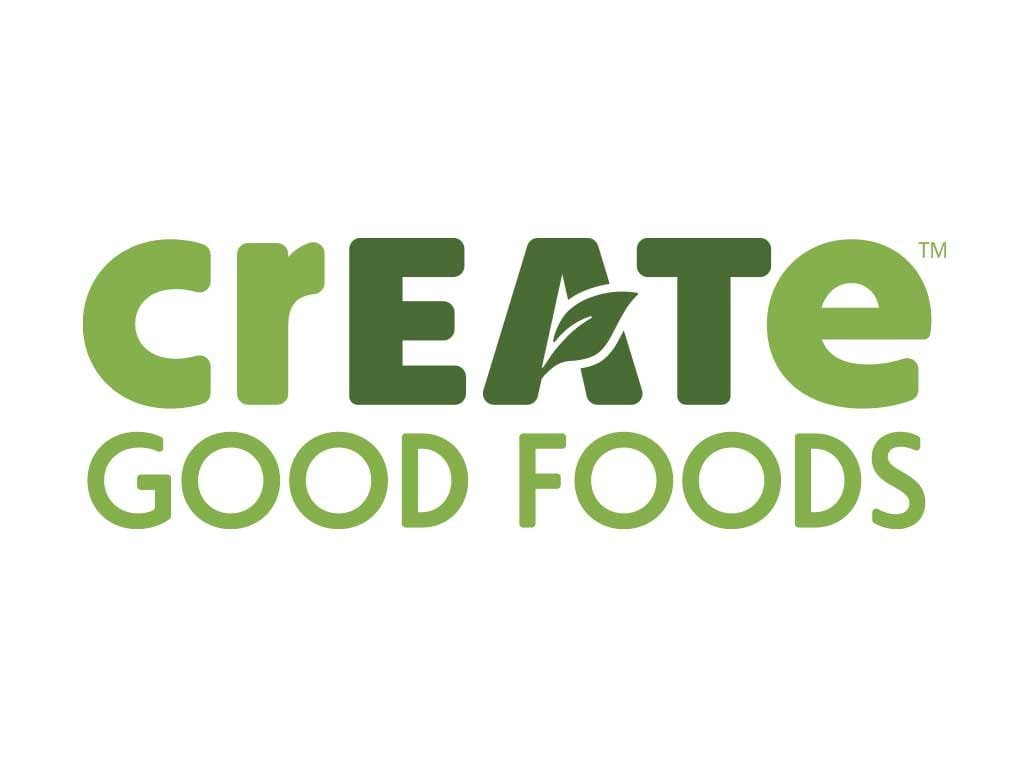crEATe Good Foods logo in two shades of green with a leaf in the A