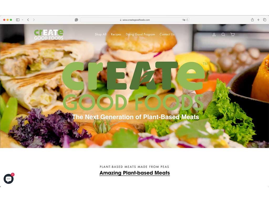 crEATe Good Foods website homepage with a wrap and burger photo behind the logo