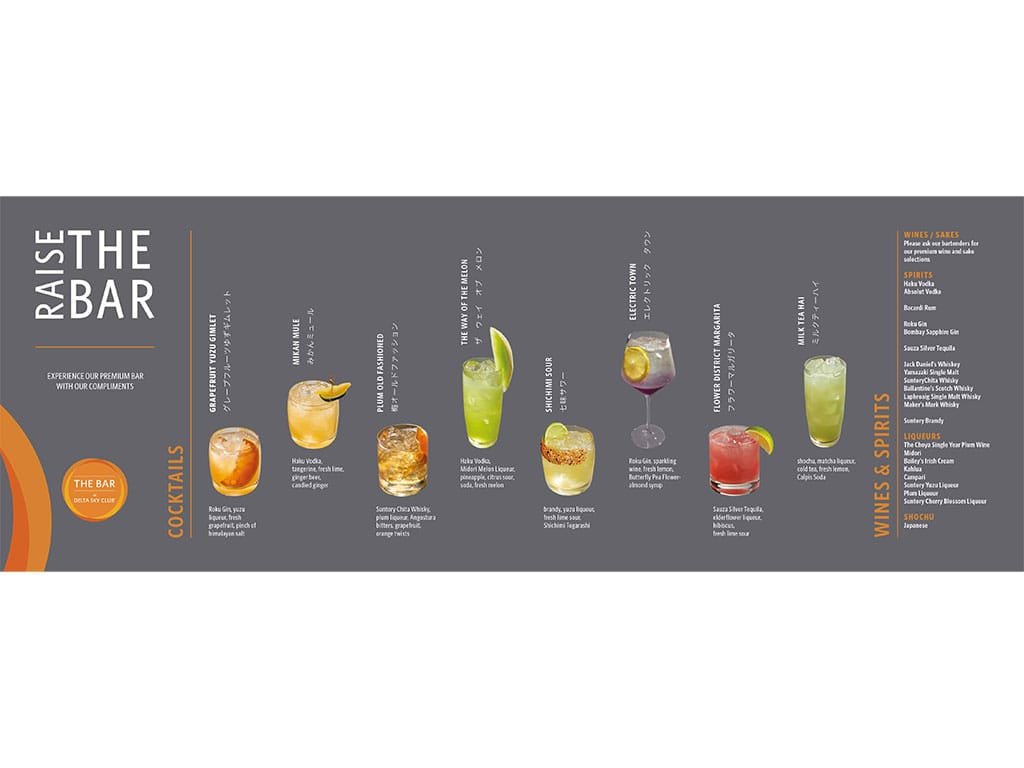 Raise The Bar cocktail menu spread with photographed cocktails and English and Japanese text
