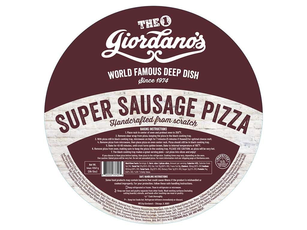 Giordano's Super Sausage Pizza round frozen pizza label in deep burgundy