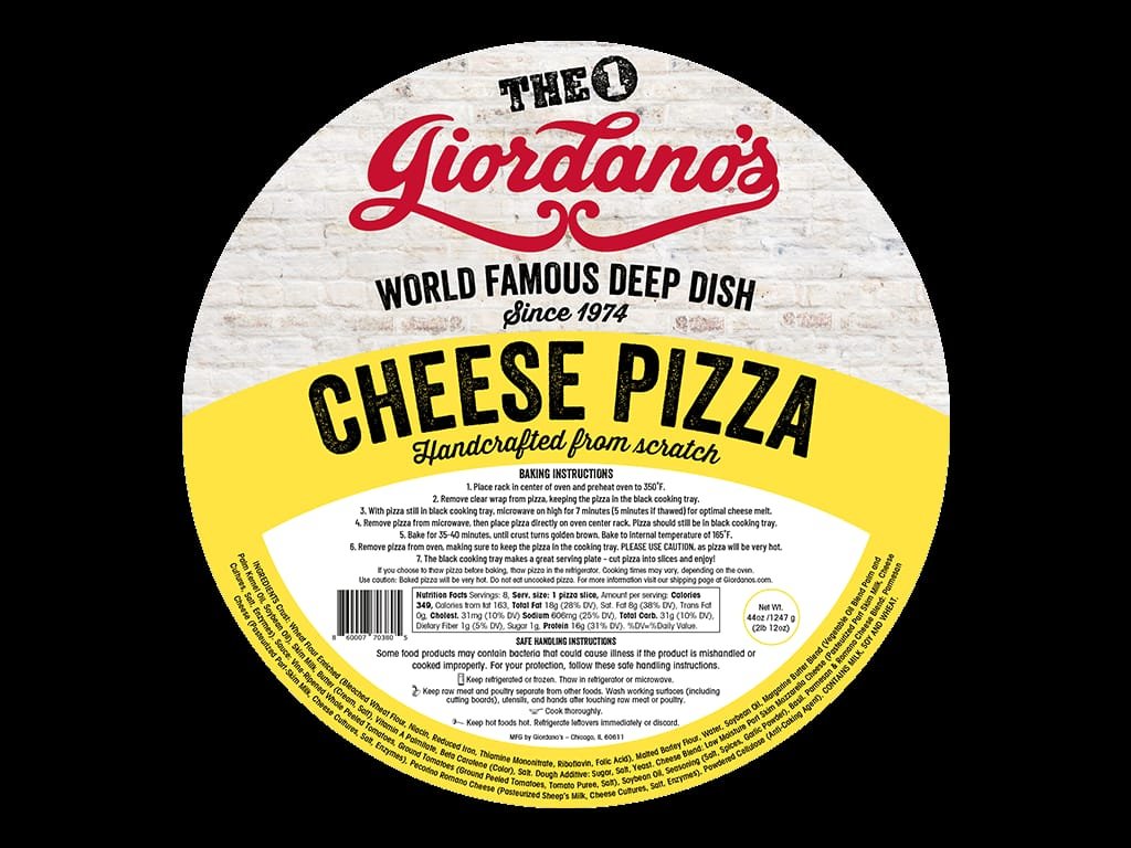 Giordano's Cheese Pizza round label in yellow