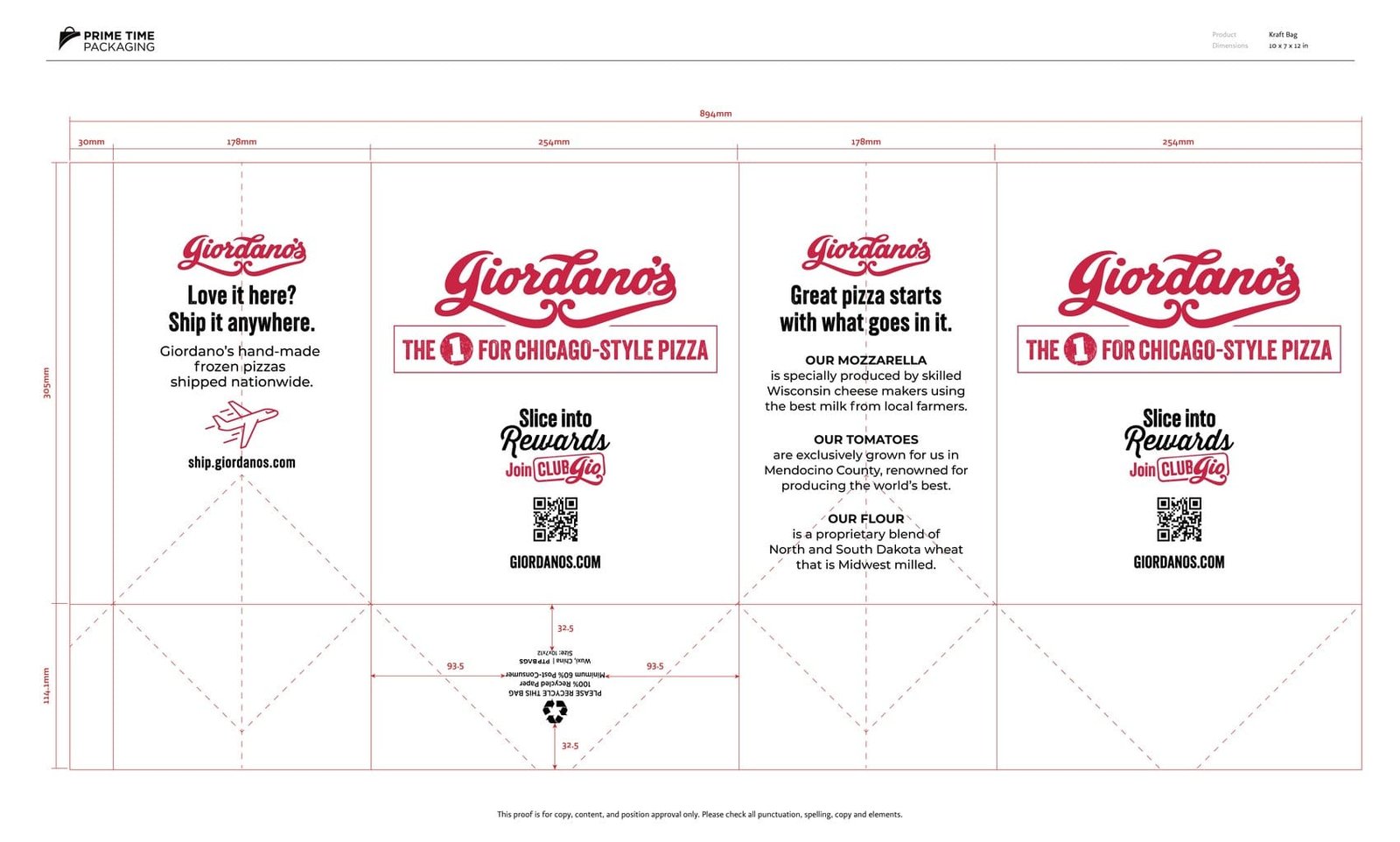 Flat dieline for the Giordano's carryout bag