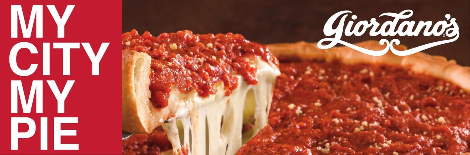 Giordano's My City My Pie retail case header with a deep dish slice