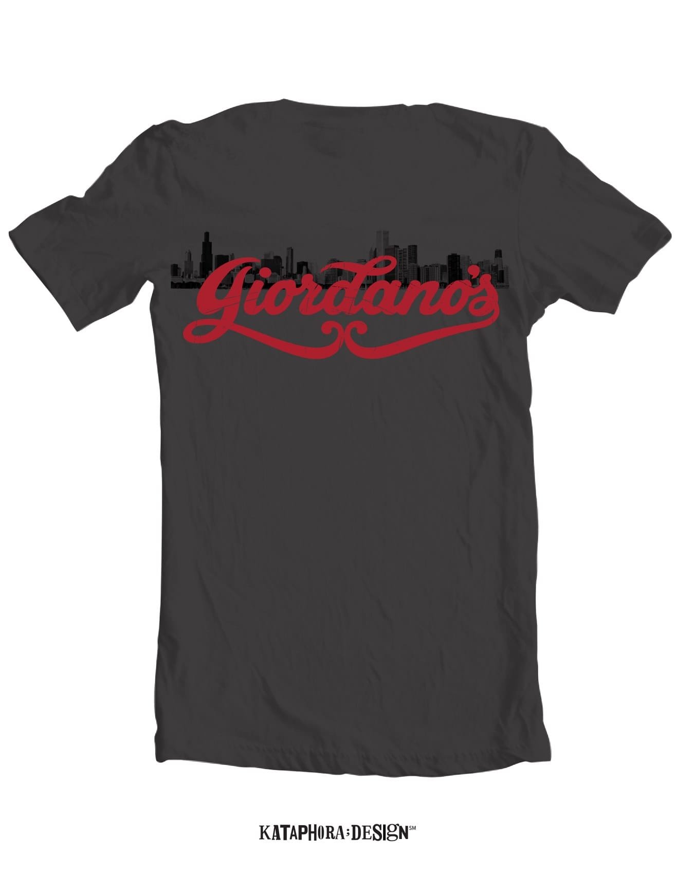 Charcoal Giordano's t-shirt with the Chicago skyline behind the logo