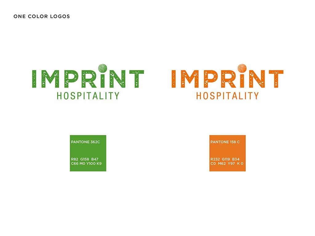 Imprint Hospitality one colour logos in green and orange