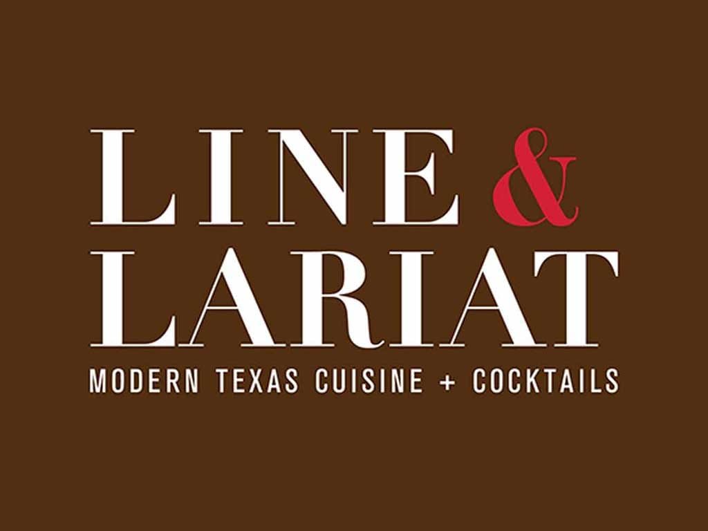 Line and Lariat logo in white and red on brown, Modern Texas Cuisine and Cocktails