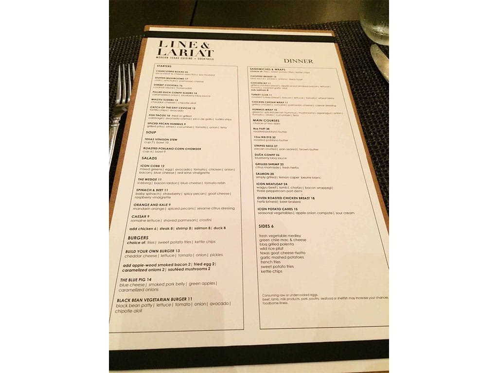 Line and Lariat dinner menu on a restaurant table