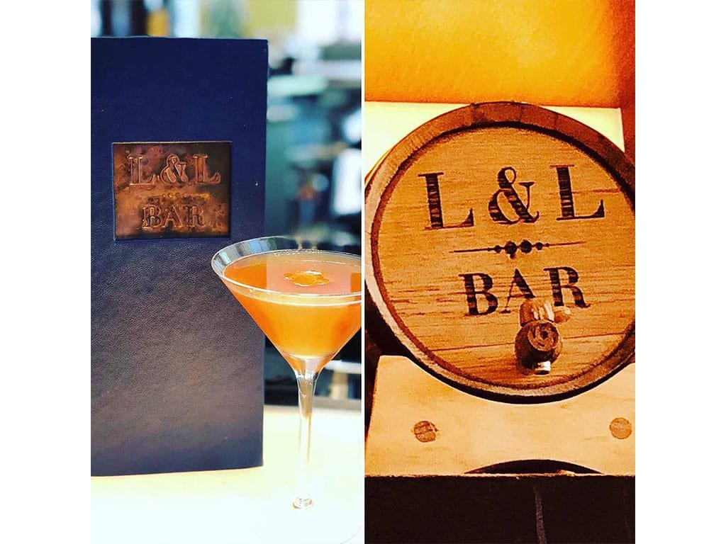 L and L Bar menu and a barrel with the bar logo