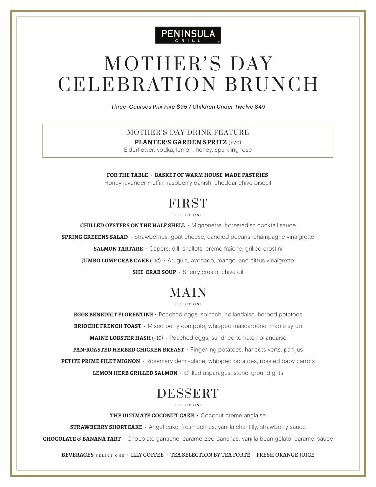 Peninsula Grill Mother's Day celebration brunch menu