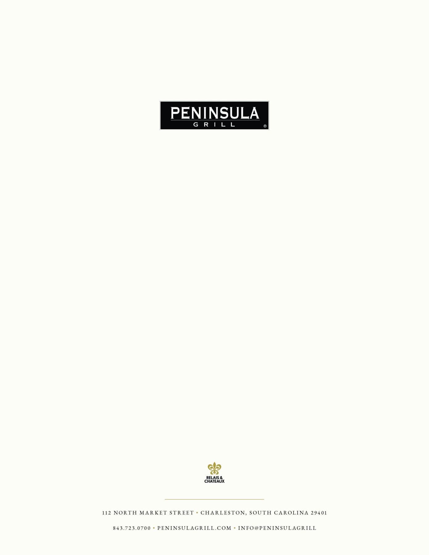 Peninsula Grill menu back cover with logo and address