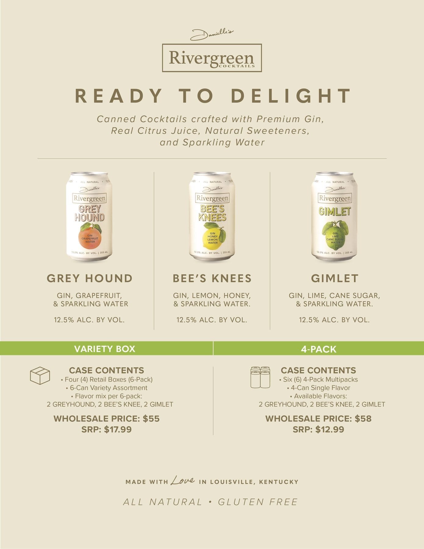 Rivergreen sell sheet with the three flavours and case details