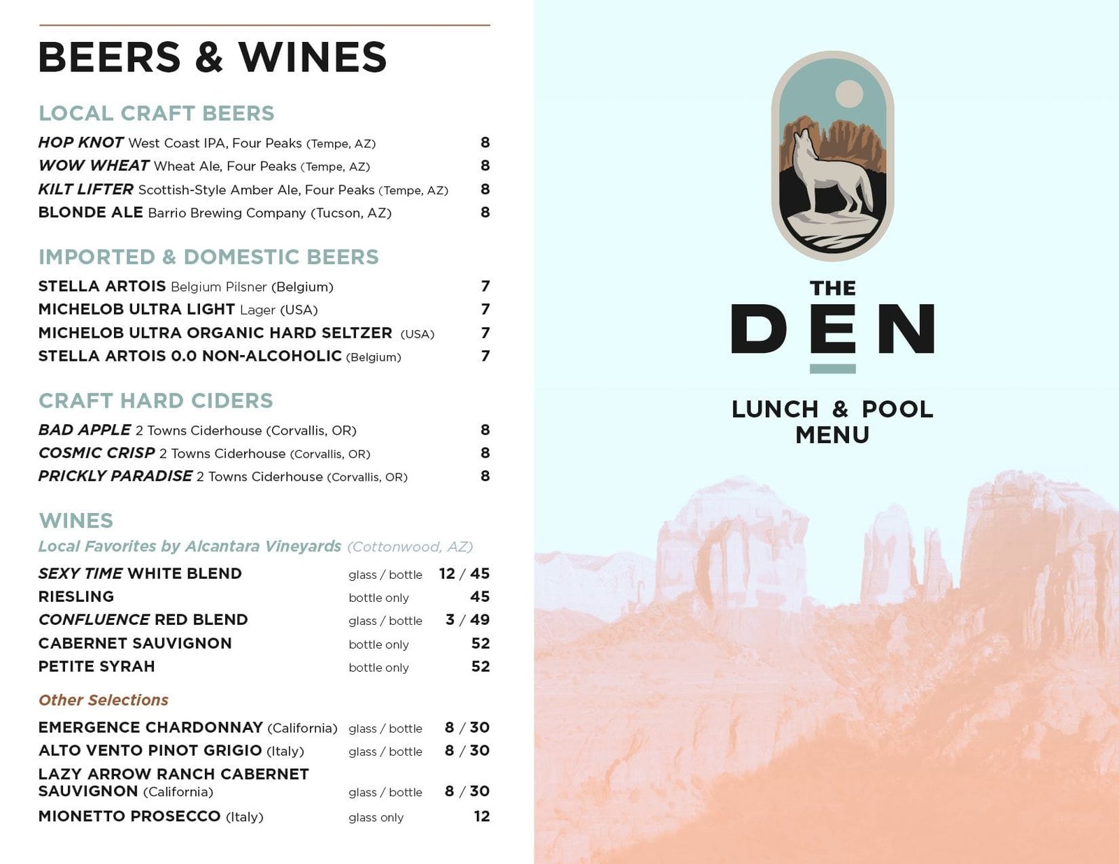 The Den lunch and pool menu with a pink desert landscape cover